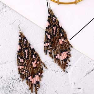 Handmade Beaded Colorful Fringe Earrings in Pink Leopard